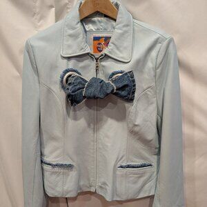 Custom Made Genuine Leather Baby Blue & Denim Jacket XL